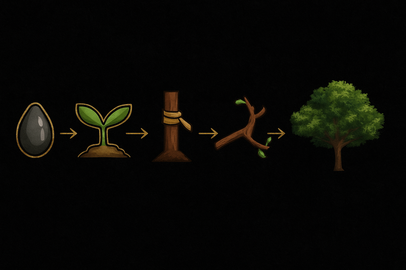 llustration of a five-stage growth cycle: from a black seed, to a green sprout, a supported trunk, a branching stem, and finally a full-grown tree – symbolizing personal development and discipline.