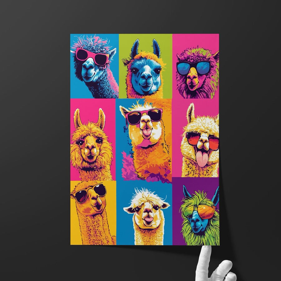 a hand holding up a poster with llamas on it