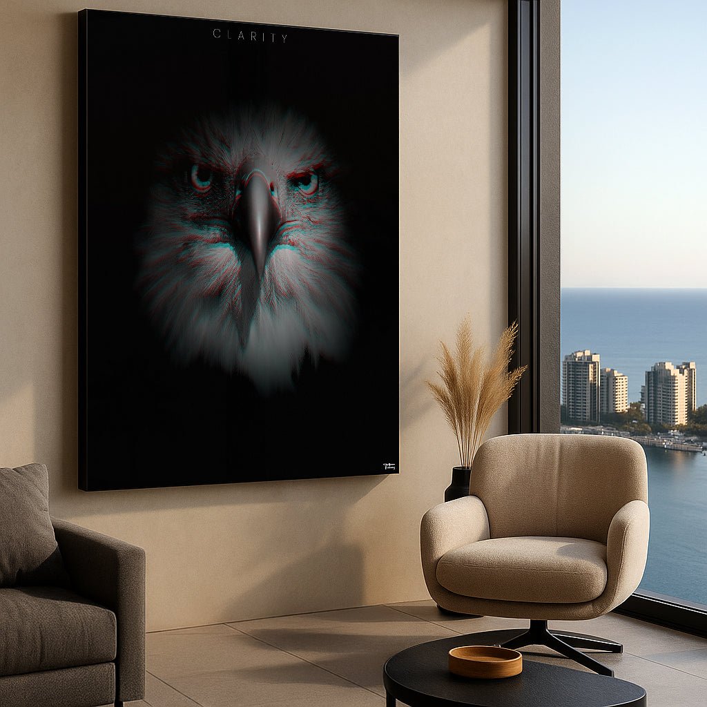 Framed ‘CLARITY’ eagle print hung in a modern apartment with ocean view, styled with minimalist furnishings and neutral tones.