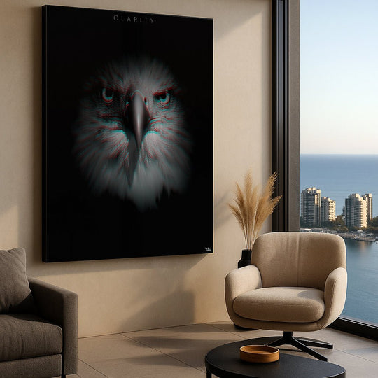 Framed ‘CLARITY’ eagle print hung in a modern apartment with ocean view, styled with minimalist furnishings and neutral tones.