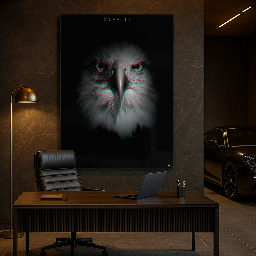 Striking fine art print of a frontal eagle portrait with piercing eyes and glitch-like cyan-red effects, titled ‘CLARITY’, mounted behind a luxury office desk setup.