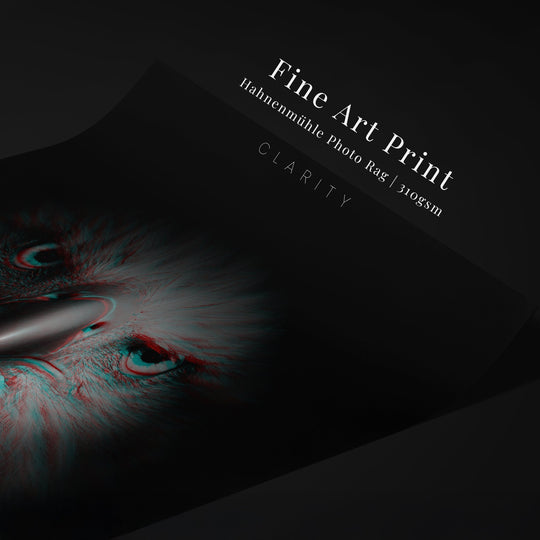 Close-up of the ‘CLARITY’ eagle print on Hahnemühle Photo Rag 310gsm paper, highlighting the title and feather detail.