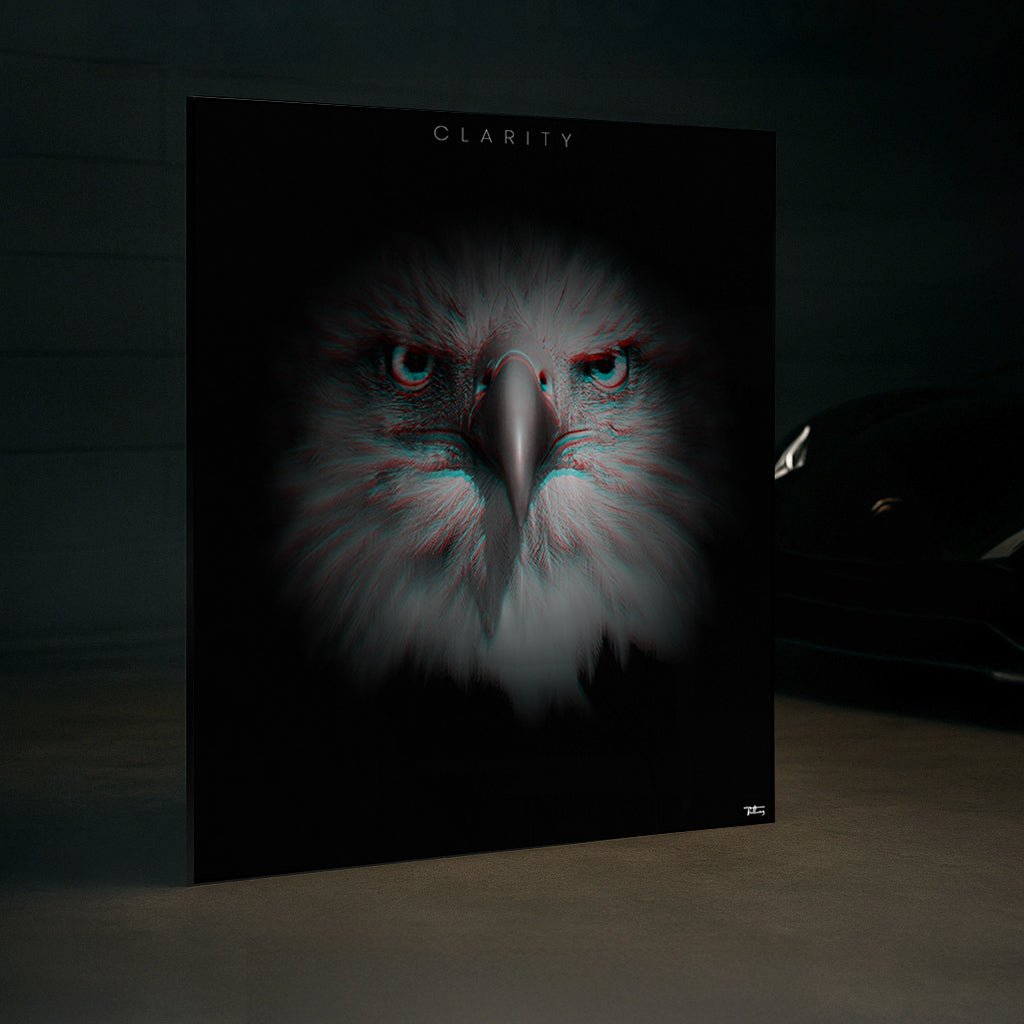 CLARITY’ eagle fine art print displayed in a high-end interior beside a luxury car, showcasing sharp intensity and modern decor contrast.