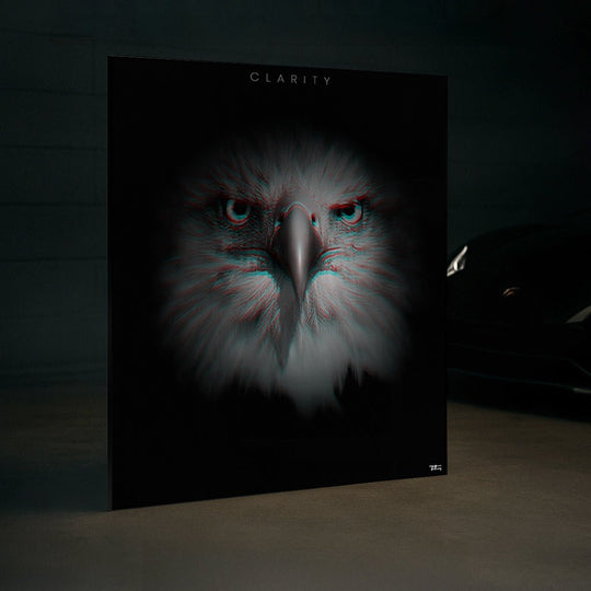 CLARITY’ eagle fine art print displayed in a high-end interior beside a luxury car, showcasing sharp intensity and modern decor contrast.