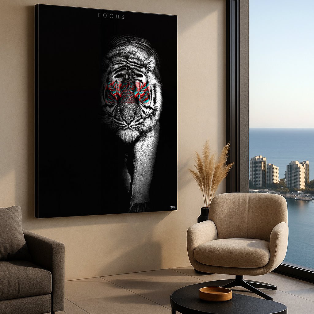 Framed ‘FOCUS’ print featuring a tiger with red-highlighted eyes, hung in a modern ocean-view apartment with warm neutral decor.
