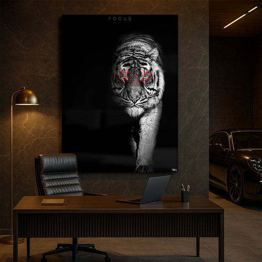 Tiger poster on a wall above a desk with a car in the background