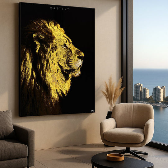 MASTERY’ lion print hung in a modern, high-rise apartment with ocean view, styled with minimal furniture and neutral color tones.