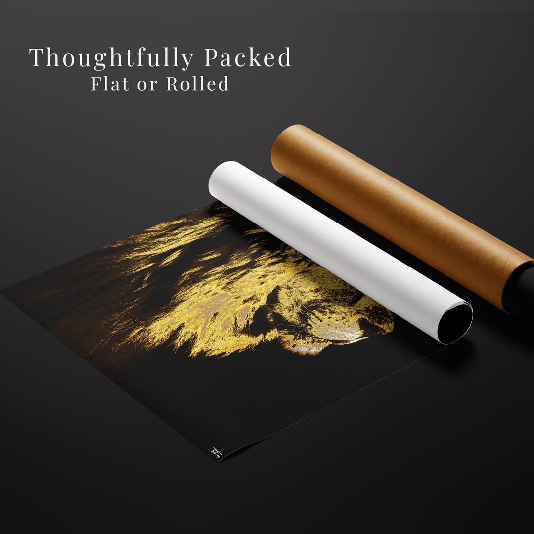 MASTERY’ lion art print partially rolled and placed beside premium flat and tube packaging, showcasing durability and quality.