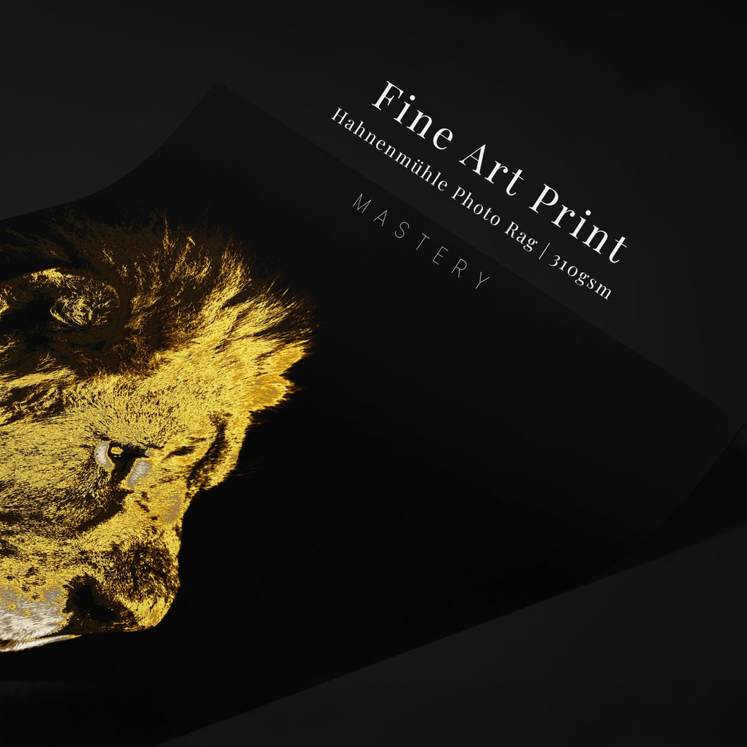 Close-up of the ‘MASTERY’ lion art print on Hahnemühle Photo Rag 310gsm paper, highlighting golden textures and elegant title text.