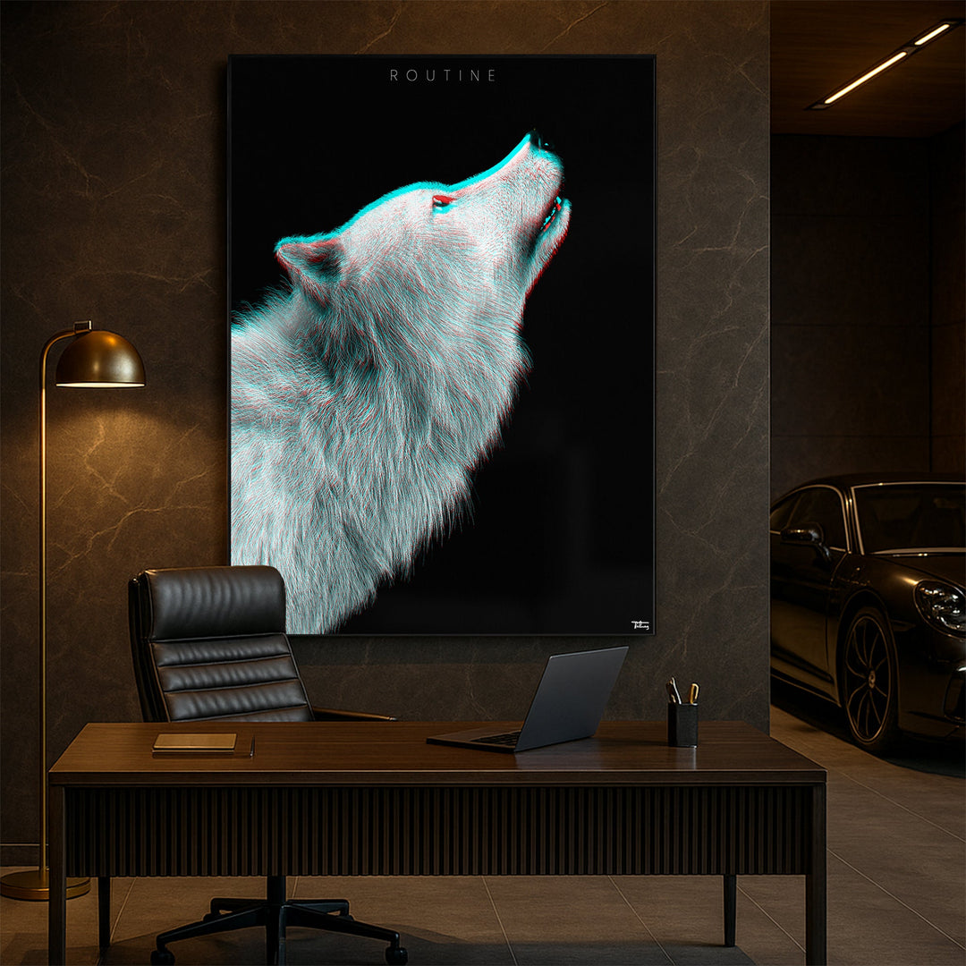 Fine art print of a howling white wolf with a 3D glitch effect, titled ‘ROUTINE’, displayed on a dark wall in a luxury office with a sports car in the background.