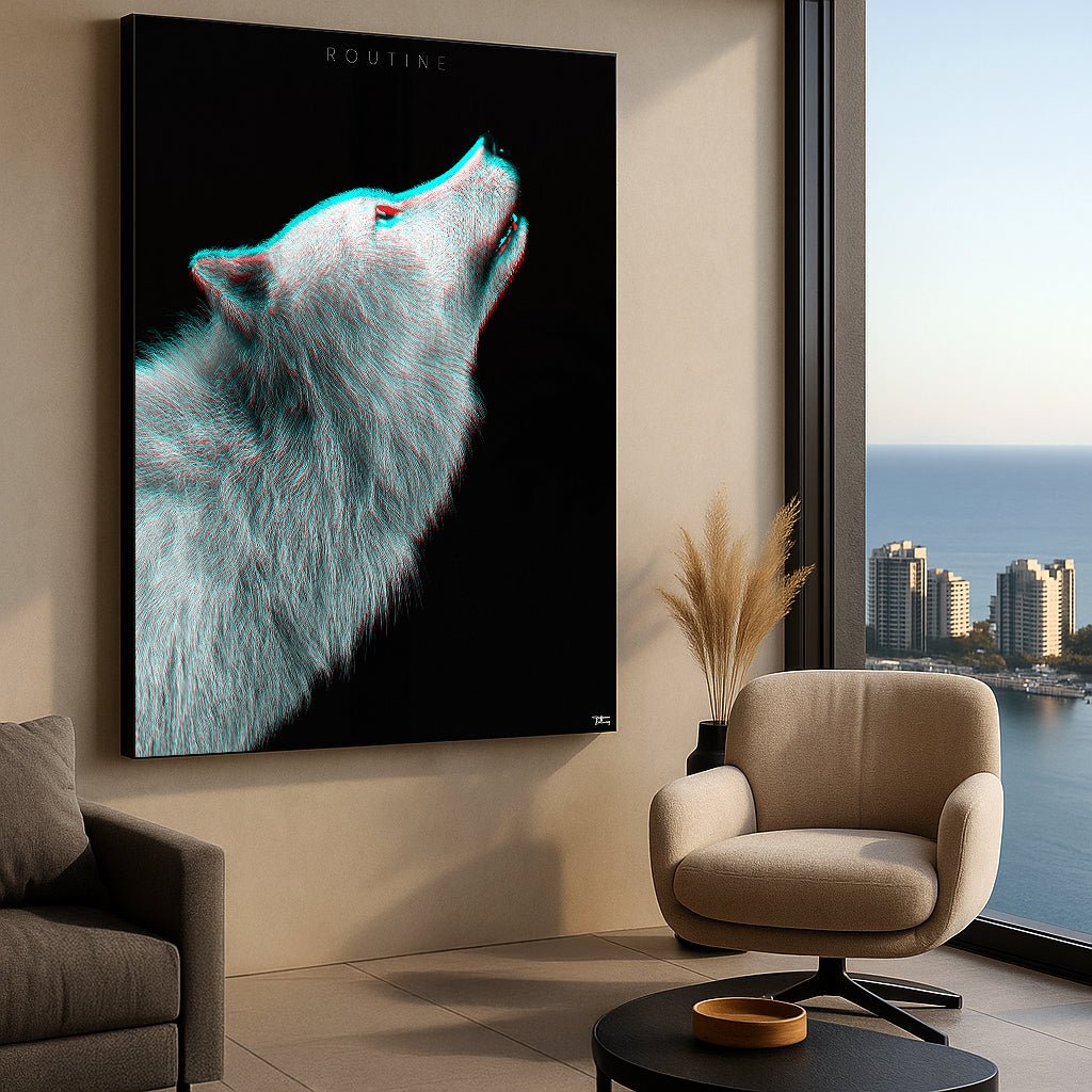 ROUTINE’ wolf fine art print hung on a modern apartment wall with ocean view, styled next to neutral furniture and warm lighting.