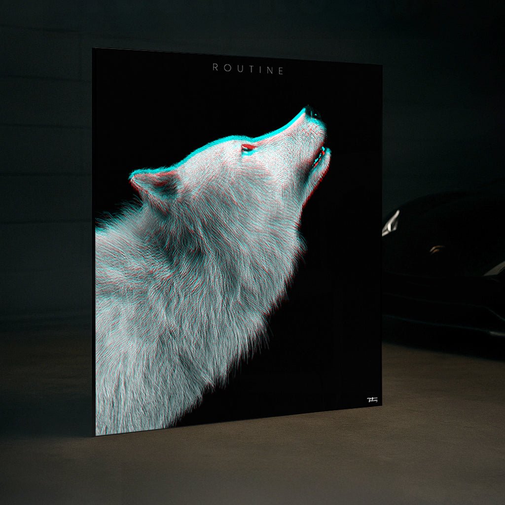 Framed ‘ROUTINE’ fine art print of a howling wolf with a glitch effect, displayed in a luxury space next to a black sports car.