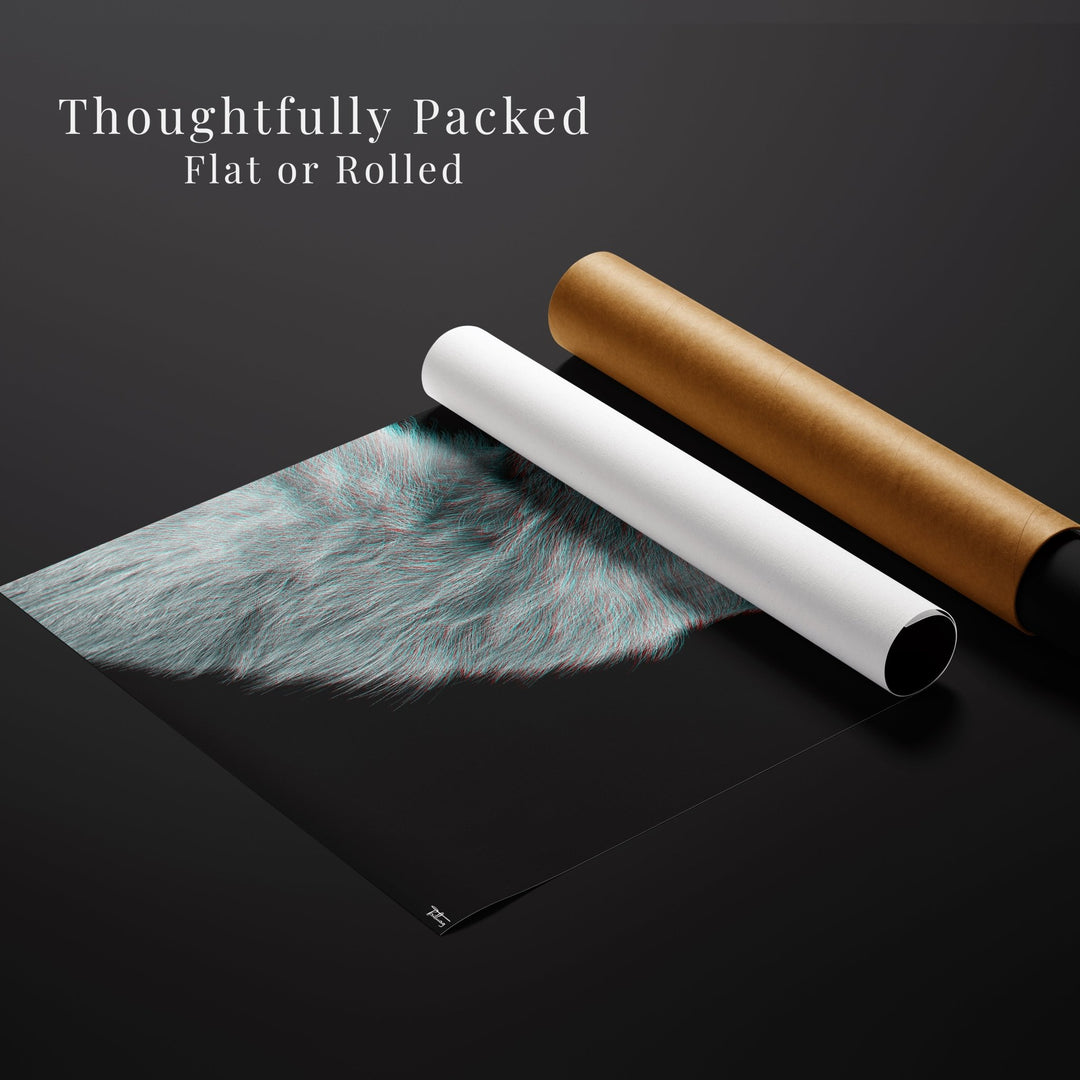 ROUTINE’ wolf fine art print partially rolled and placed beside premium flat/rolled packaging tubes, emphasizing safe delivery presentation.
