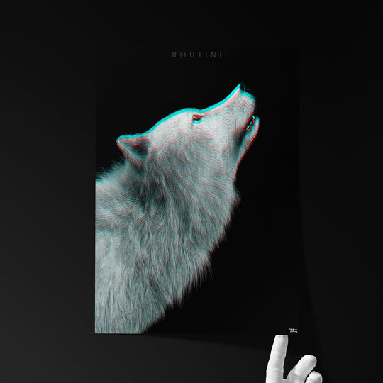 Fine art print titled ‘ROUTINE’ showing a howling white wolf with a 3D glitch effect, held by a hand against a black background.