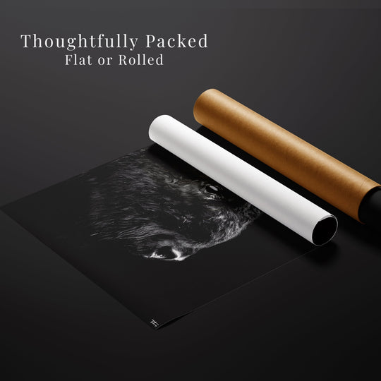 WILLPOWER’ bison art print partially rolled for premium flat or tube packaging, showcasing careful print protection and texture.