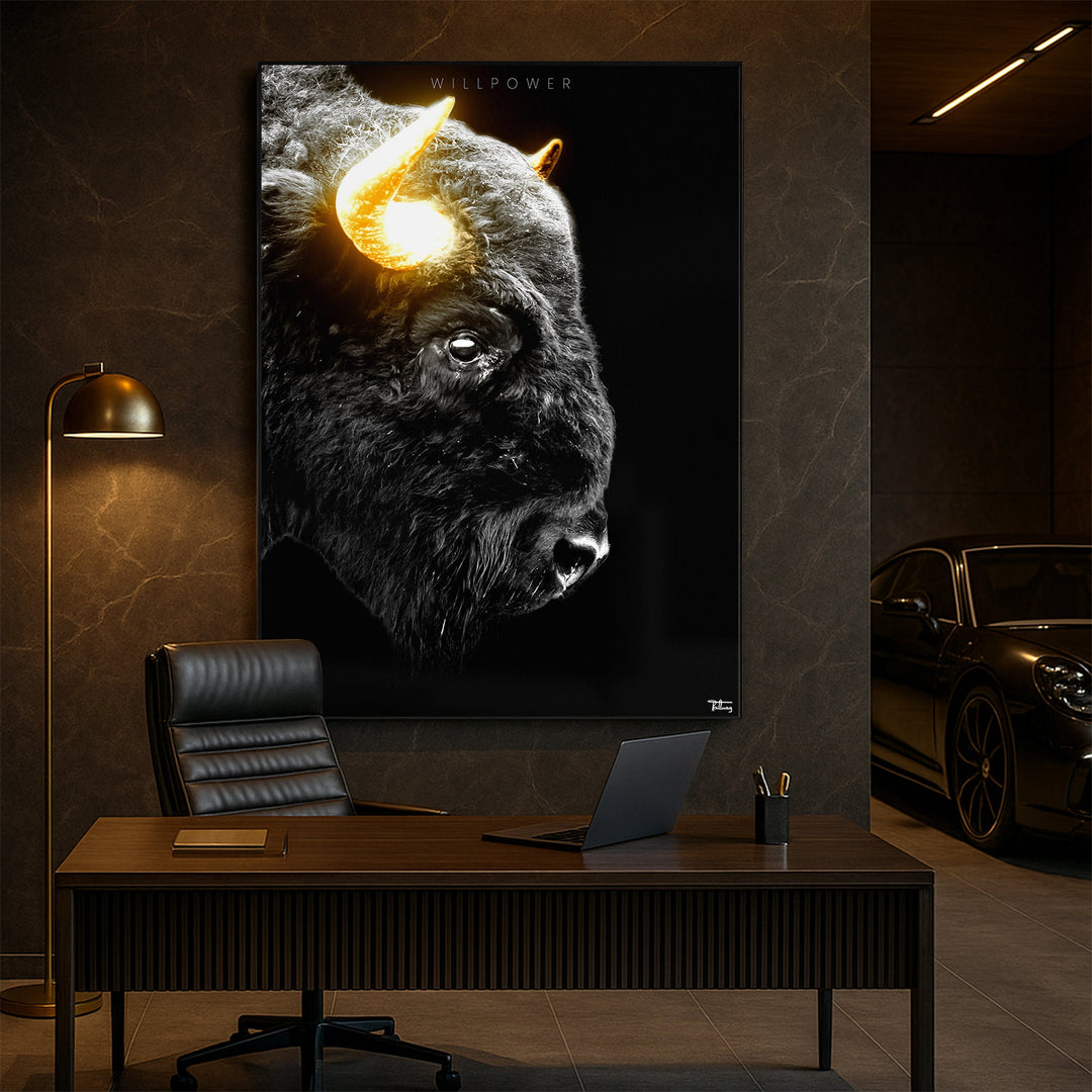 Fine art print of a black bison with glowing golden horns, titled ‘WILLPOWER’, hung above a sleek modern desk in an executive office with ambient lighting.